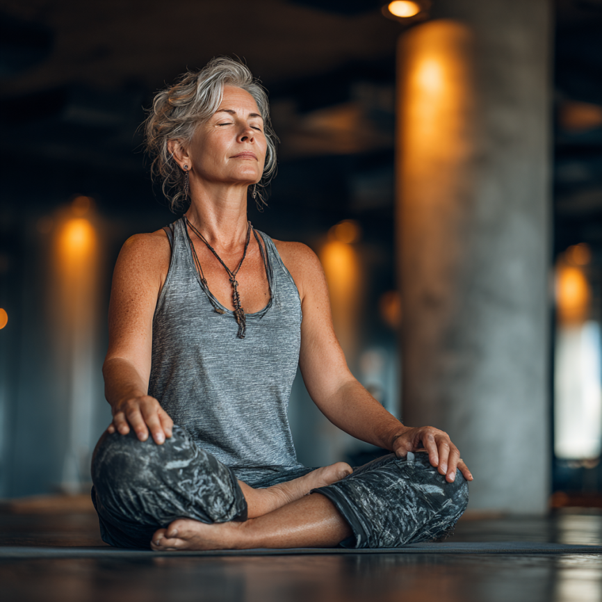 Літня жінка виконує йогу