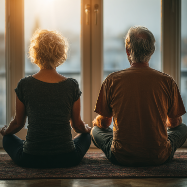 Літня жінка виконує йогу