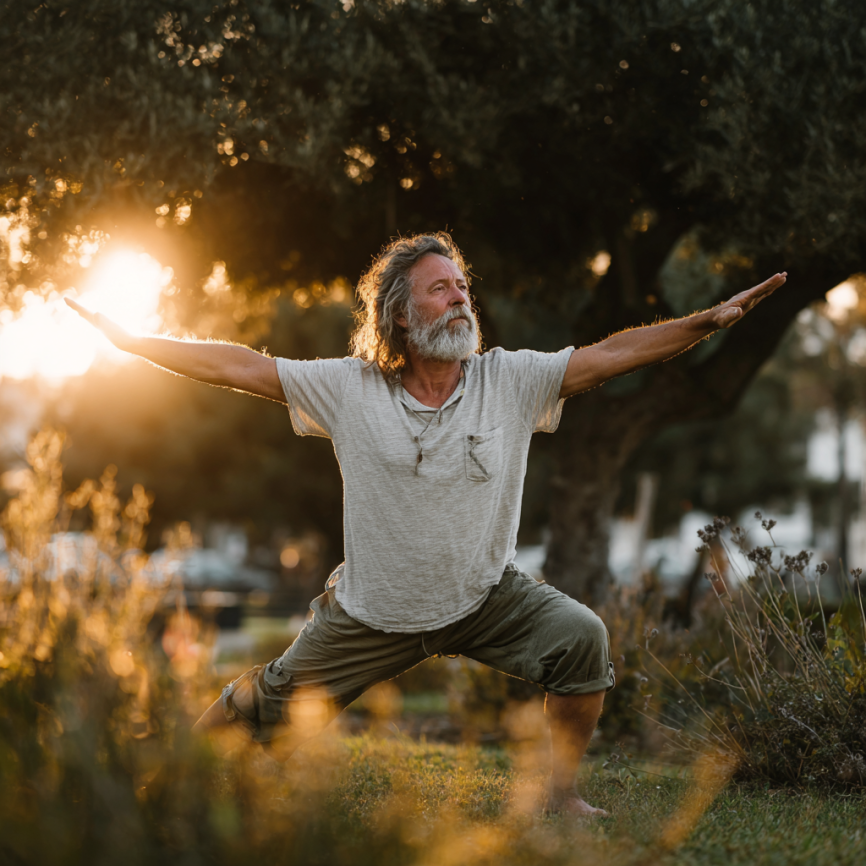 Група літніх людей практикує йогу